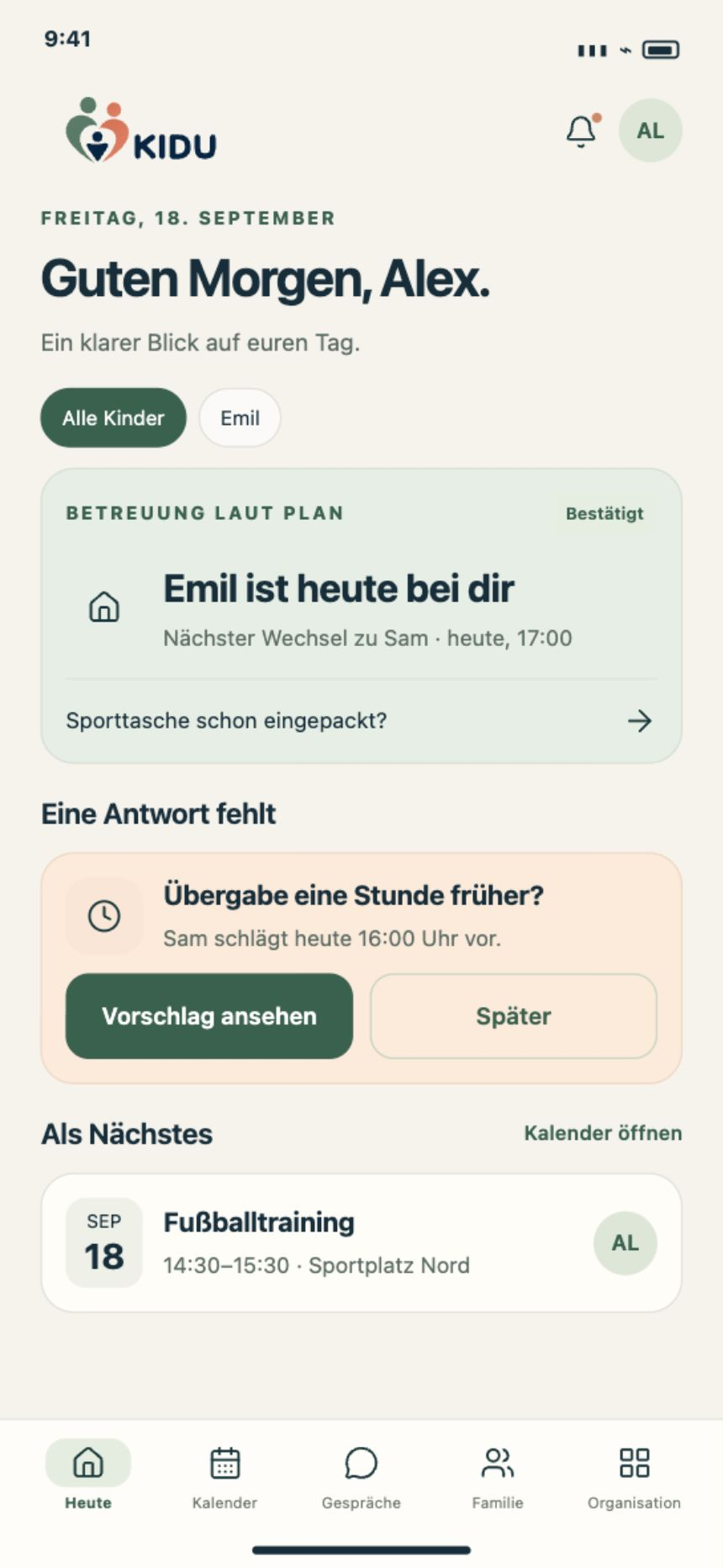 KIDU App-Ansicht mit fiktiven Beispieldaten